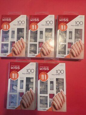 Lot FIVE (5) Sets KISS Full-Cover NAILS SHORT SQUARE Each has 100 Nails & Glue